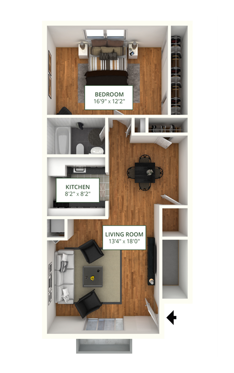 Floor plan for 1 bed, 1 bath, 740 sqft
